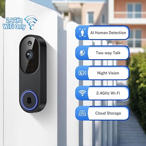 Wireless Video Doorbell Camera with AI Motion Detection & Two-Way Audio