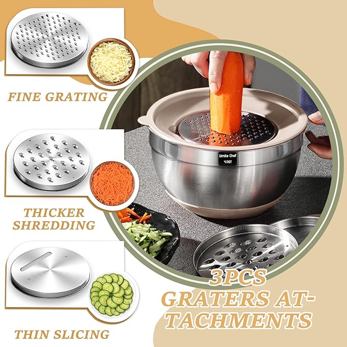 3-in-1 Stainless Steel Mixing Bowl Set with Grater & Slicer Attachments